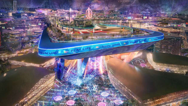 Image of the planned F1 circuit in Qiddiya, Saudi Arabia, which looks like Rainbow Road from Mario Kart.